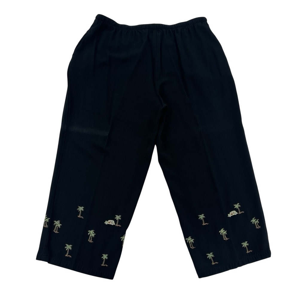 Weekend Traffic Womens XL Black Rayon Palm Tree Car Embroidered Crop Pants Cozy
